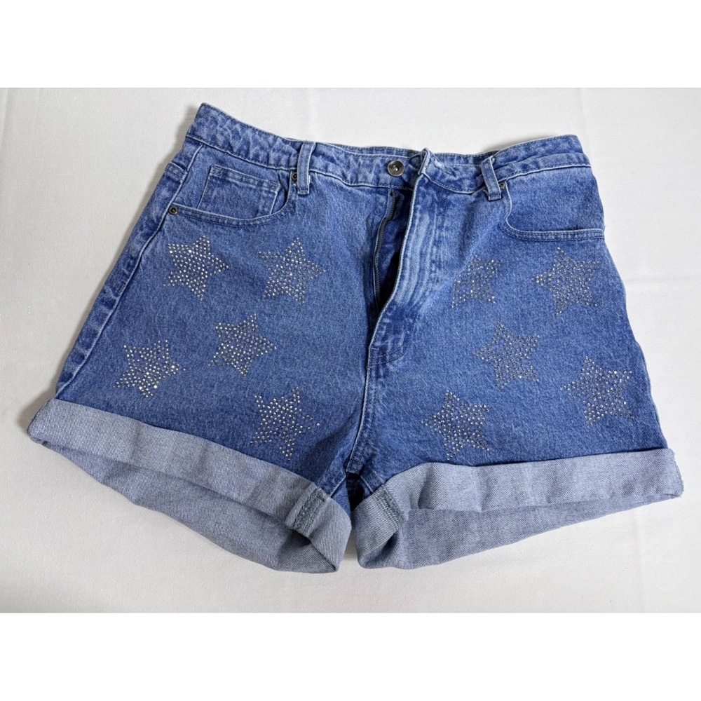 Hot topic Star Rhinestone cotton denim jeans Shorts 11 Blue High Rise Cuffed hem